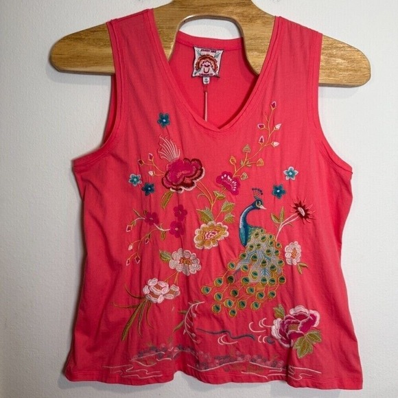 Johnny Was Embroidered Celina Tank Top Raw Edge‎ V-Neck Peacock Floral Pink XXL